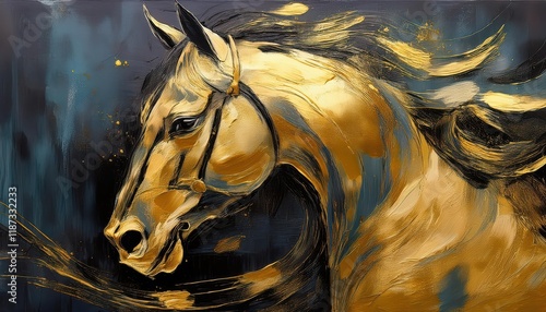 Vibrant Abstract Oil Painting GoldInfused Equine Scene Amidst Wall Art, Knife Painting, and Textured Masterpiece photo