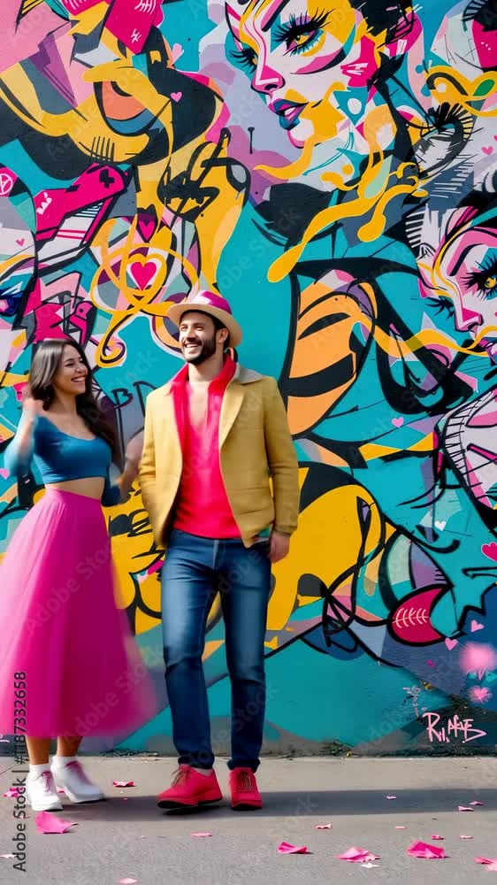 Young Couple Dances Joyfully Against Colorful Graffiti Wall with Pink Confetti Young Couple Dances Joyfully Against Colorful Graffiti Wall with Pink Confetti