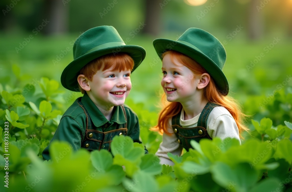 two red-haired children sitting in green hats in green clover leaves two red-haired children sitting in green hats in green clover leaves