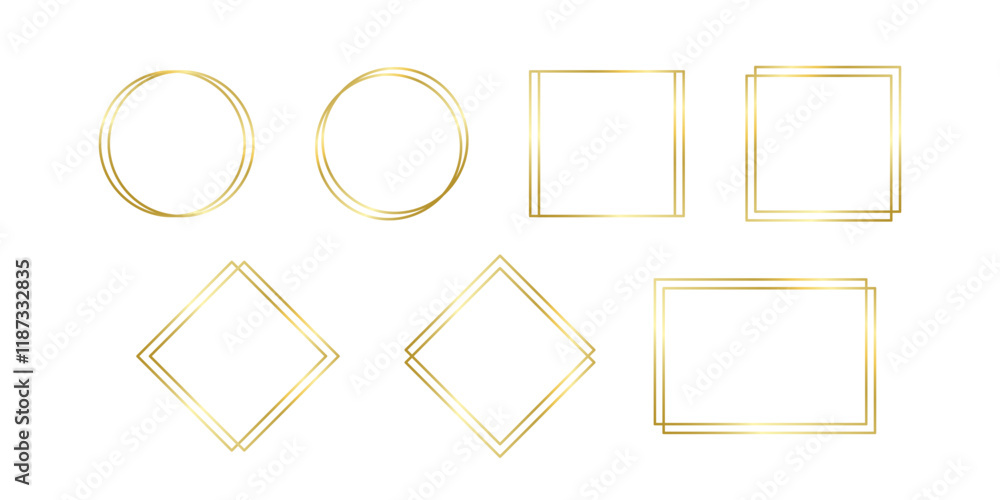 Decorative gold frames different forms for note text, line set. Vintage rectangle, circle, square shape. Highlight and underline text box decorative. Golden line border. Vector on isolated background Decorative gold frames different forms for note text, line set. Vintage rectangle, circle, square shape. Highlight and underline text box decorative. Golden line border. Vector on isolated background
