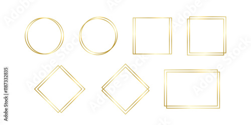 Decorative gold frames different forms for note text, line set. Vintage rectangle, circle, square shape. Highlight and underline text box decorative. Golden line border. Vector on isolated background