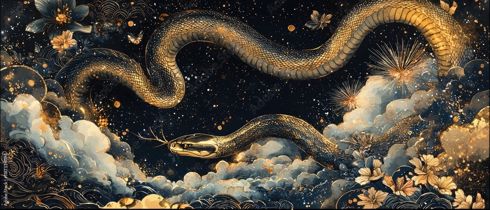 Golden snake slithers through starry night sky and ethereal clouds. Golden snake slithers through starry night sky and ethereal clouds.