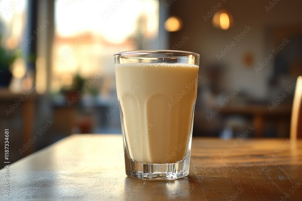 A refreshing glass filled with creamy soy milk sits on a wooden table in a warm and inviting cafe atmosphere A refreshing glass filled with creamy soy milk sits on a wooden table in a warm and inviting cafe atmosphere