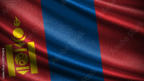 Mongolia flag with realistic silky wave texture photo