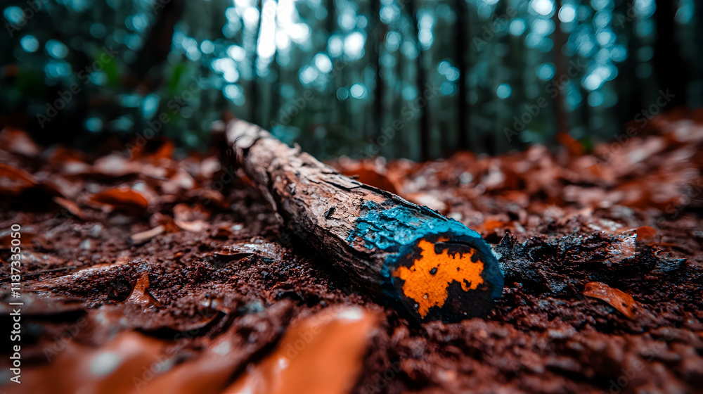 Fototapeta premium Painted log on forest ground.