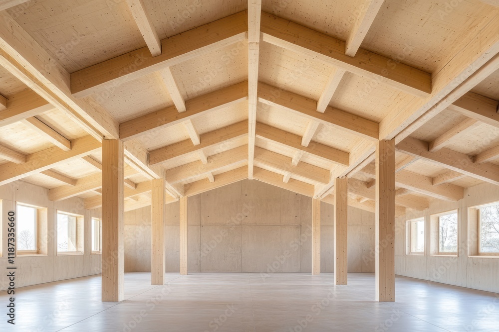 Wooden beams create an open and airy interior in modern building Wooden beams create an open and airy interior in modern building