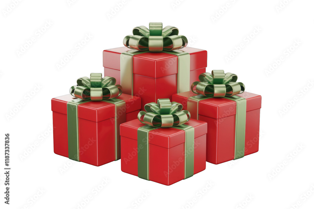 Obraz premium Four red gift boxes with green ribbons, arranged in a pyramid shape on a transparent background. background removed