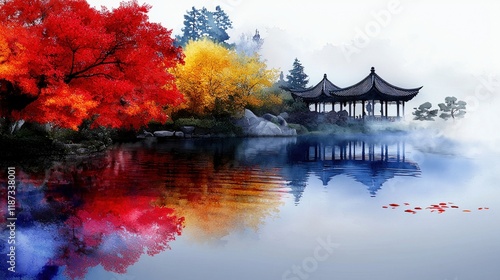 A beautiful painting of a pond with a bridge and trees in the background photo