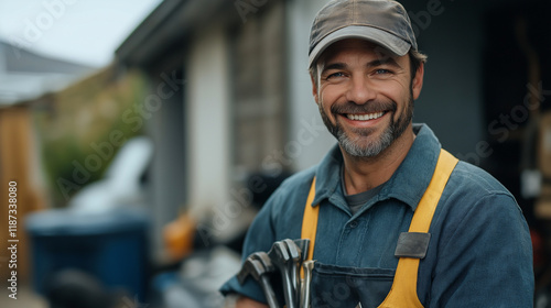 Smiling warehouse worker wearing a safety helmet photo