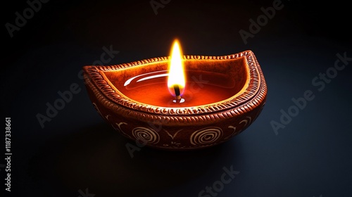 A beautifully crafted clay diya with a vibrant flame, symbolizing warmth and light. photo