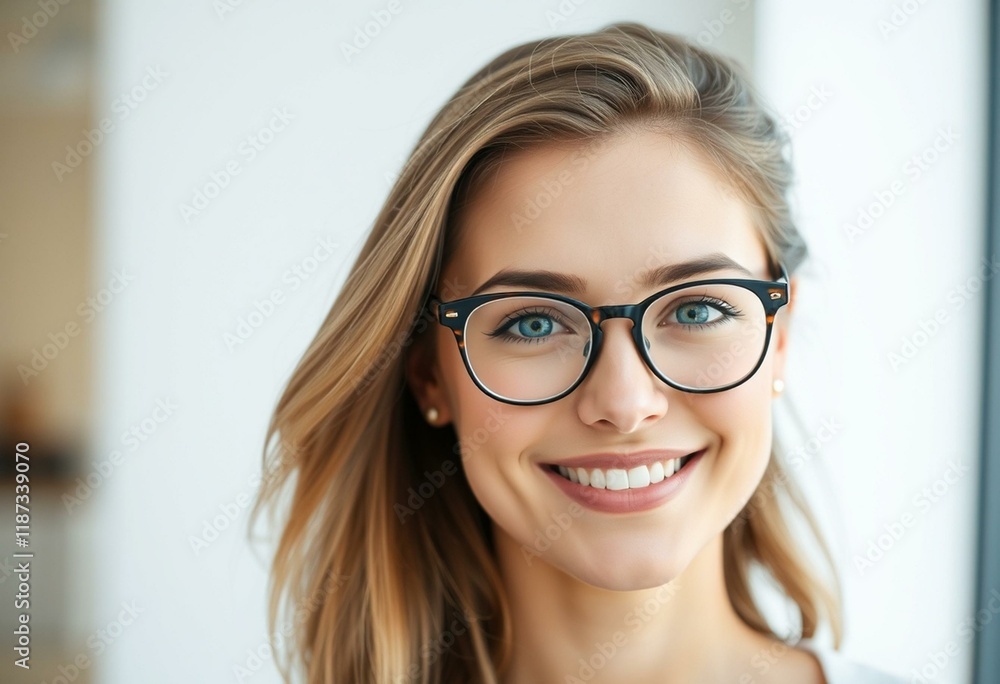 A smiling female with trendy glasses and a friendly expression A smiling female with trendy glasses and a friendly expression
