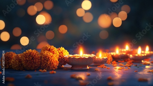 Diwali celebration featuring shimmering diyas and marigold flowers in warm hues. photo