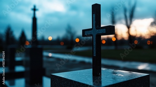 A black cross is on a stone pillar in a cemetery