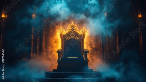 Ornate golden throne in a smoky, dimly lit room.