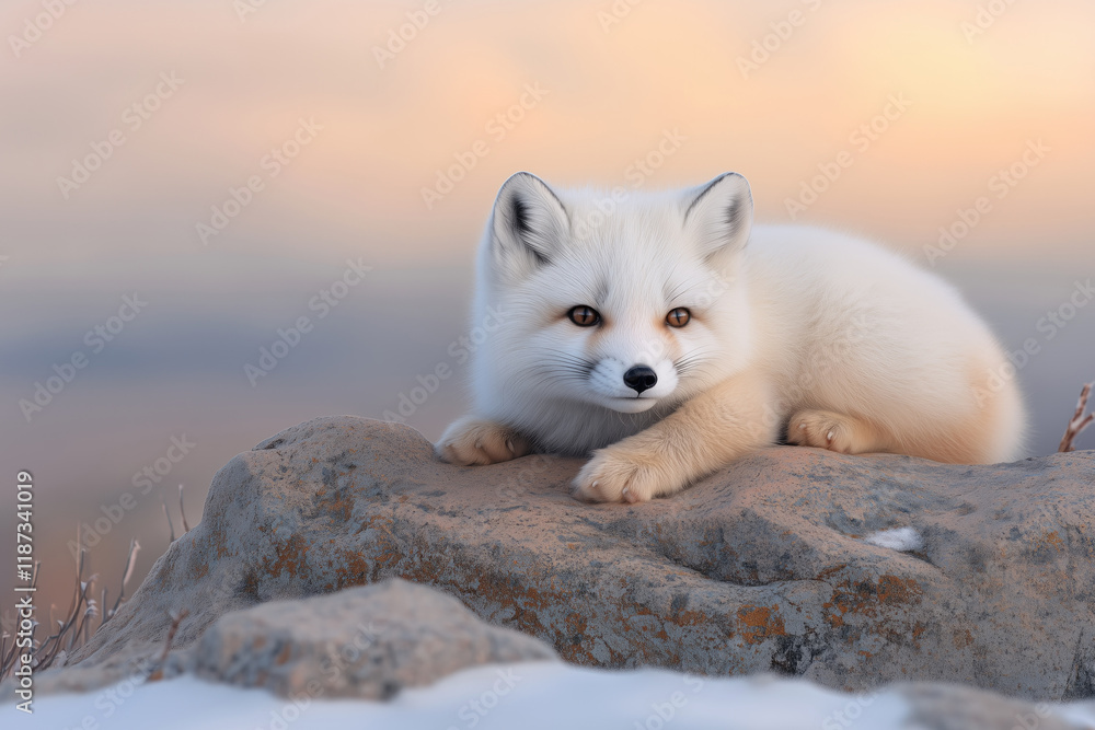 Close up of a snow fox sitting on a rock in winter. Close up of a snow fox sitting on a rock in winter.