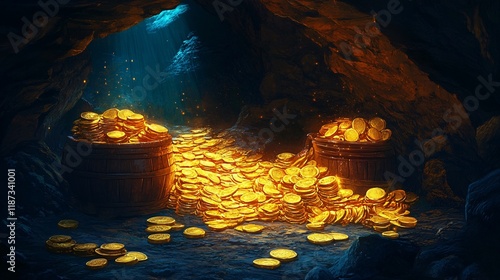 A captivating treasure trove filled with golden coins spilling from wooden barrels in a dimly lit cavern. photo