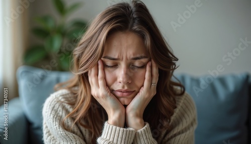 woman with headache sitting on a couch in a cozy indoor setting