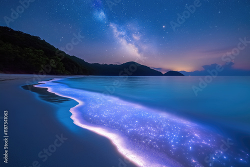 glow of the surf on a night ocean beach caused by bioluminescence, under starry sky with the Milky Way photo