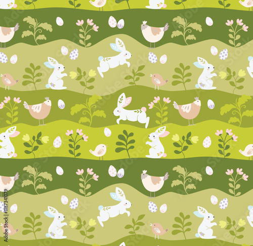 Easter meadow pattern, green, rabbit, chicken, egg hunt, green, nature, flower, print, background, spring, flat style, vector illustration. 
