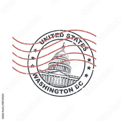 postal stamp with United States Capitol building in Washington DC isolated on white backgrpound
