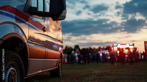 A white ambulance is parked in a field with a group of people standing around it