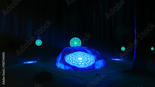 Calan Gaeaf. Illuminated Celtic Soulstones in Dark Forest photo