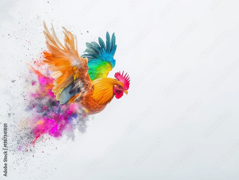 Obraz premium Colorful Rooster in Motion with Dynamic Splashes of Paint and Smoke Creating a Vivid and Eye-Catching Visual Representation of Freedom and Energy