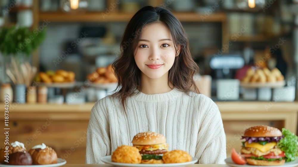 Smiling woman enjoying burgers and fries in cozy cafe setting Smiling woman enjoying burgers and fries in cozy cafe setting