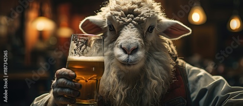 Funny portrait of a Sheep with a glass