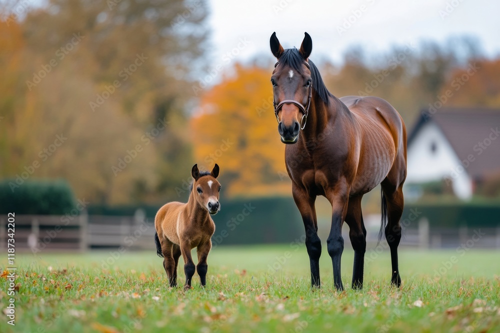 A mare calmly watches over her playful foal as they enjoy the vast green field. Trees with autumn foliage create a serene atmosphere in the background A mare calmly watches over her playful foal as they enjoy the vast green field. Trees with autumn foliage create a serene atmosphere in the background