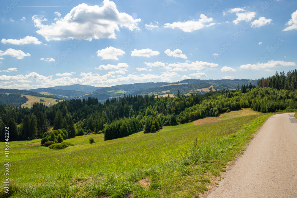 Fototapeta premium Jaworzynka, Beskid Śląski, widok, na szczyty, doliny, panoramę gór