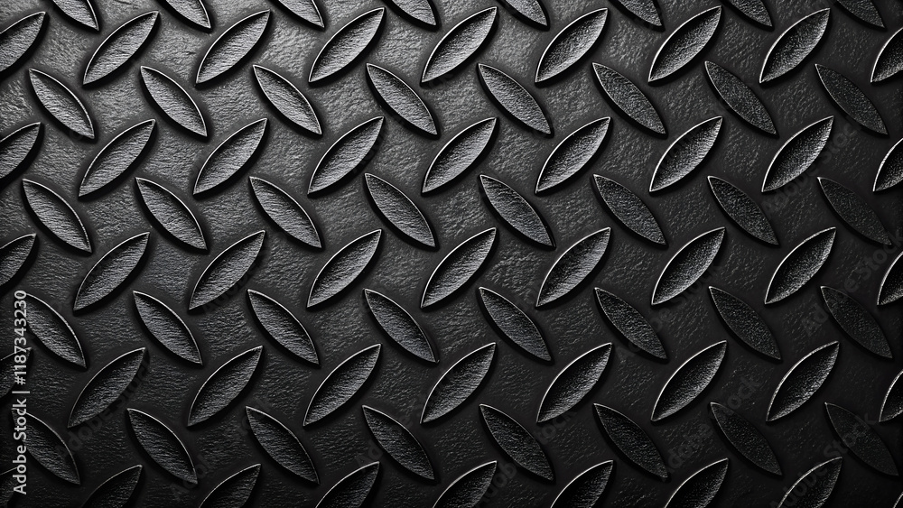 Textured black diamond plate with raised patterns for a rugged industrial look Textured black diamond plate with raised patterns for a rugged industrial look