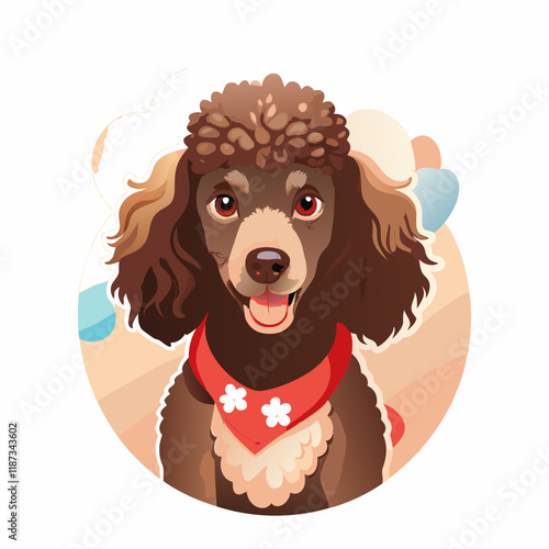 Cartoon illustration of a happy poodle dog wearing a red bandana