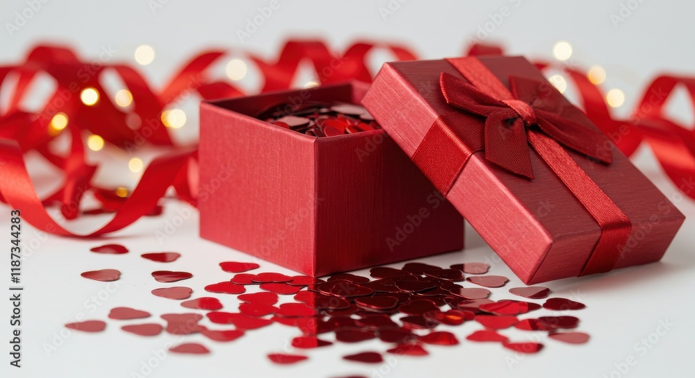 Red heart shaped confetti in open red gift box set against white festive backdrop for Valentine s Day with romantic holiday theme Red heart shaped confetti in open red gift box set against white festive backdrop for Valentine s Day with romantic holiday theme