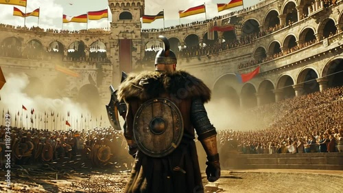 Viking walking into a arena.