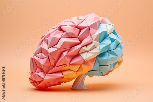 Sideview of abstract origami human brain on a pastel background. Every part of the brain has a different colour