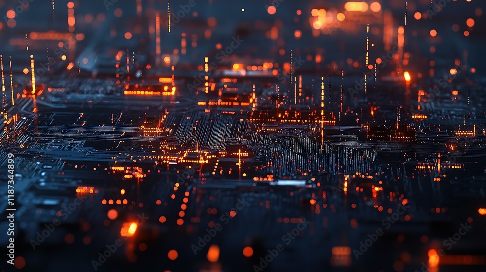 Naklejka premium Intricate Blue Circuit Board with LED Lights and Electronic Patterns