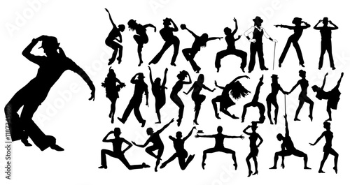 Dynamic Silhouettes: A captivating montage of silhouettes featuring diverse dancers in motion, capturing energy, fluidity and artistic expression through dance forms.