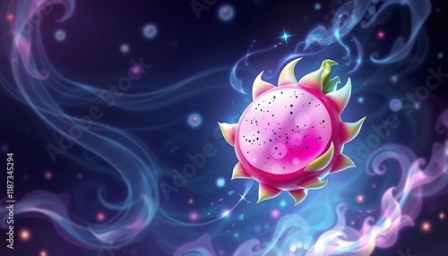 Mystical Glowing Dragon Fruit in a Cosmic Dreamscape: A vibrant digital illustration of a dragon fruit radiating a magical, ethereal glow surrounded by swirling cosmic smoke and stars, creating a whim