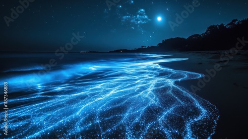 Bioluminescent beach night ocean waves shoreline starscape photo