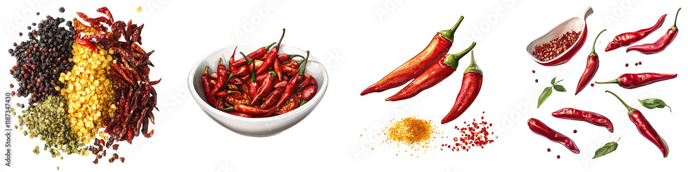 Fototapeta premium Chili peppers – Fresh or dried chili peppers to add heat and spice to the curry. Isolated on Clear White Background Highly Detailed