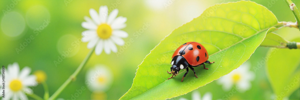 Fototapeta premium Ladybug crawling on green leaf with flowers in background