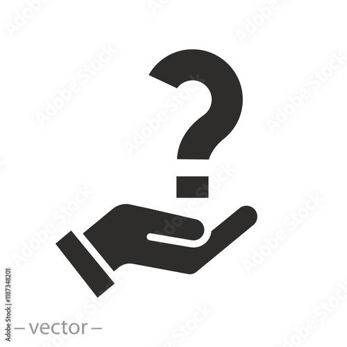 faq support, holding hand question mark icon, puzzled or uncertainty bubble, doubt ask, frequently information advice, flat vector illustration