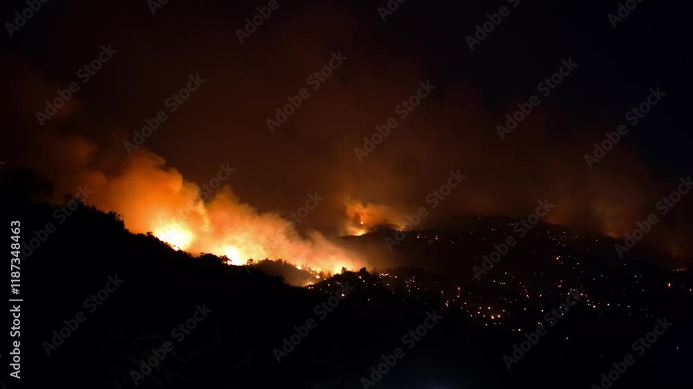 An aerial view of a forest fire spreading across a hillside, with thick smoke billowing into the sky. The the intense flames and the environmental impact on the surrounding landscape. An aerial view of a forest fire spreading across a hillside, with thick smoke billowing into the sky. The the intense flames and the environmental impact on the surrounding landscape.