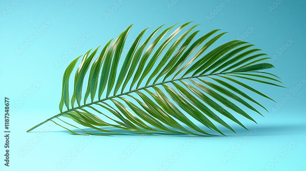 Fototapeta premium Single vibrant green palm frond on blue background.