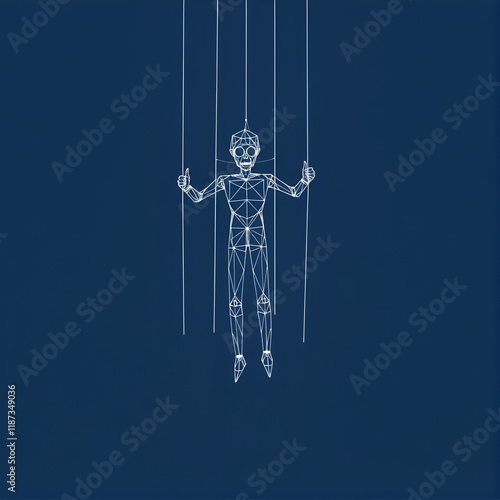 Puppet. Marionette controlled by strings. Low poly wireframe vector illustration on a dark blue background. Concept of addiction and lack of freedom. Represents an inanimate object or figure animated photo