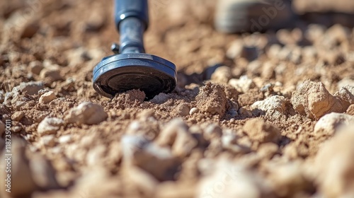 Metal detecting on rocky terrain, searching for buried treasure. photo