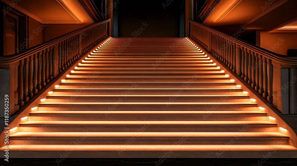 Fototapeta premium Illuminated wooden staircase in grand building.