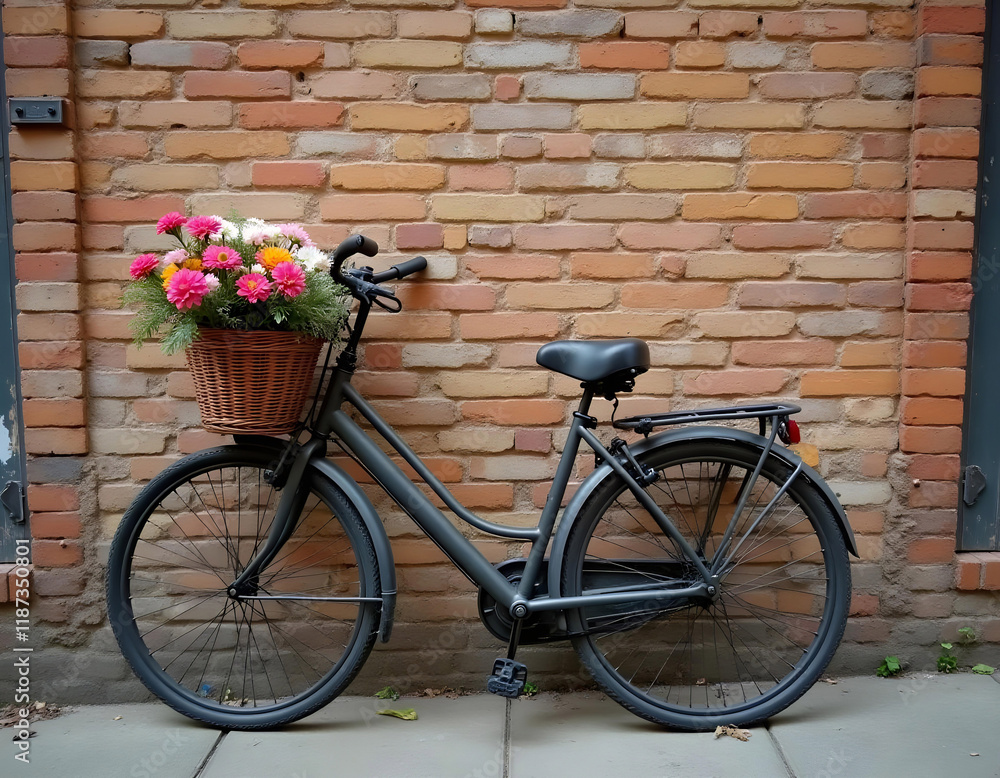 A classic bicycle with a basket full of colorful flowers parked against a rustic brick wall.
