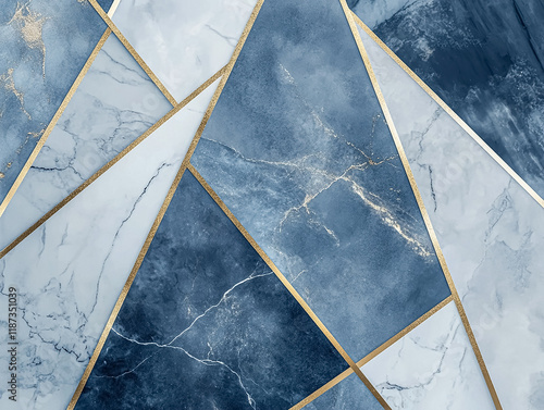 A geometric composition of blue marble slabs with gold leaf accents photo